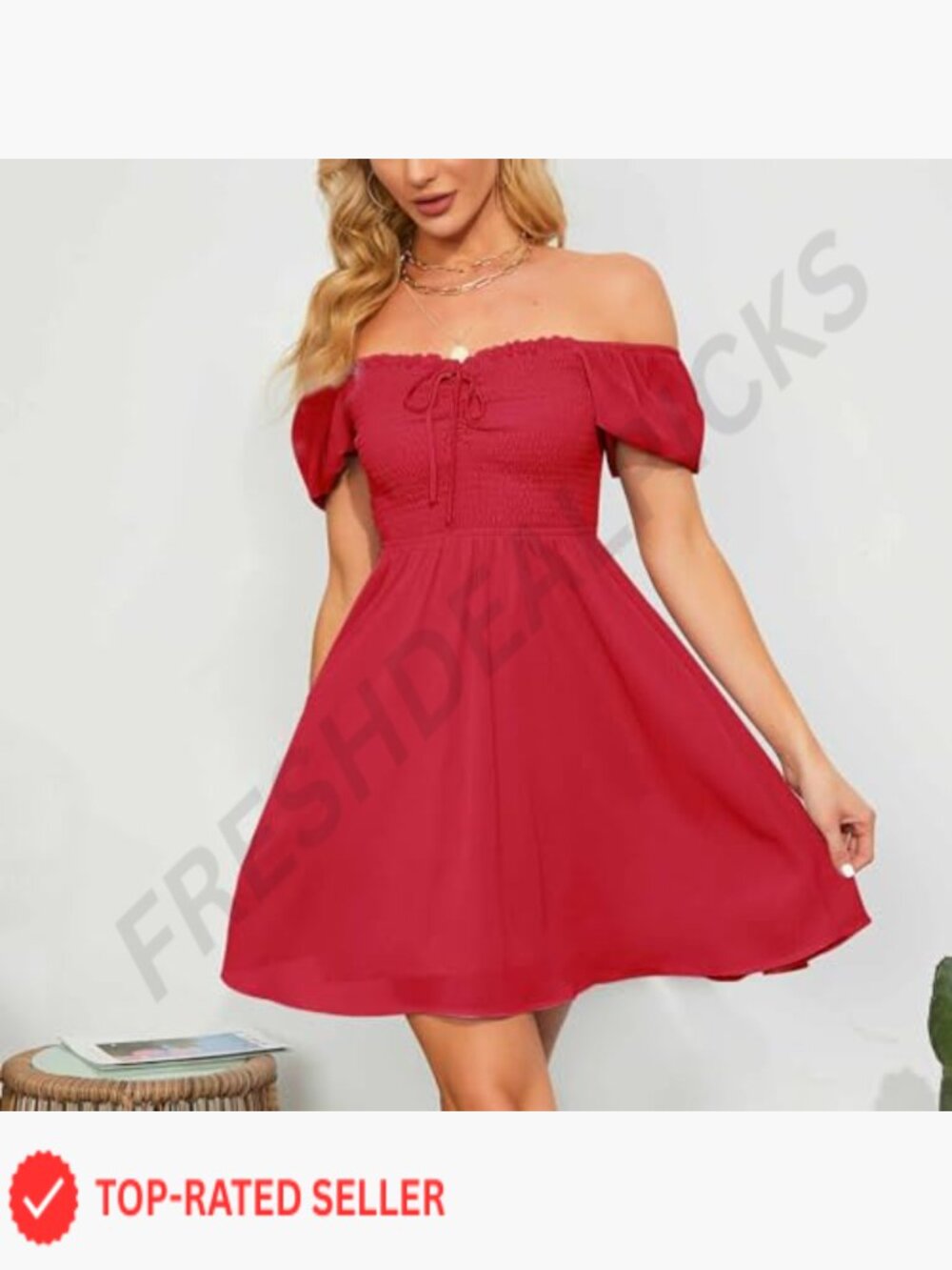 Sweetheart Neckline Smocked Sundress Puff Sleeve Drawstring Flowy Swing Dress - Picture 5 of 7